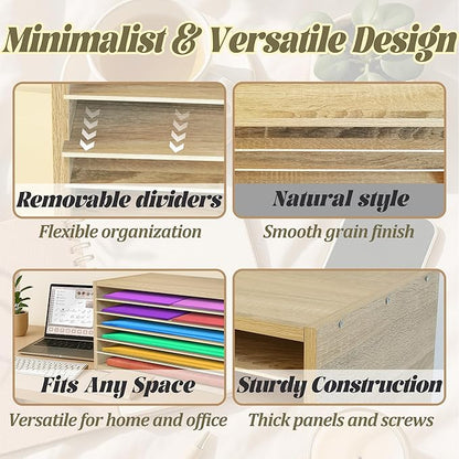 PROLEE Construction Paper Organizer 20" x 13.5" x12.2",Soild Wooden Paper Organizer with 6-Tier Letter Trays, Desktop File Papers Sorter for Home, Classroom and Office (White Oak)