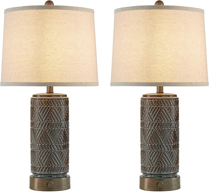 RORIA Set of 2 Farmhouse Table Lamps for Living Room Bedroom, 3 Way Dimmable Touch Nightstand Lamp with 2 USB Port, Rustic Vintage Bronze Ceramic Lamps for End Table Bedside, Bulbs Included