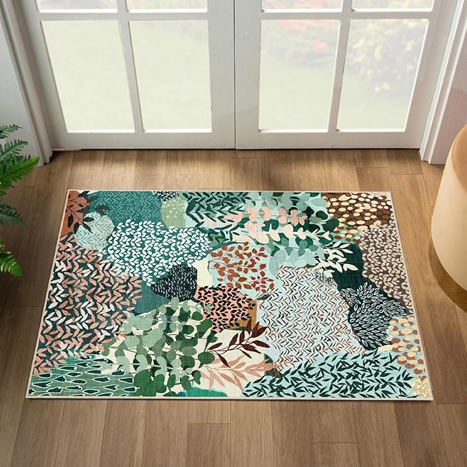 DEXDE 2x3 Area Rug, Small Boho Rugs Entryway Doormat Indoor Machine Washable Non-Slip Abstract Botanical Leaves Floral Print Floor Carpet for Living Room Bedroom Office Playroom, Dark Green