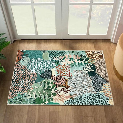 DEXDE 2x3 Area Rug, Small Boho Rugs Entryway Doormat Indoor Machine Washable Non-Slip Abstract Botanical Leaves Floral Print Floor Carpet for Living Room Bedroom Office Playroom, Dark Green