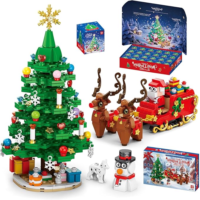 Advent Calendar 2025 Building Blocks Set - 24-Day Christmas Countdown Calendar - Santa Sleigh Christmas Tree Decorations Gifts for Kids Boys & Girls and Adults(912PCS)