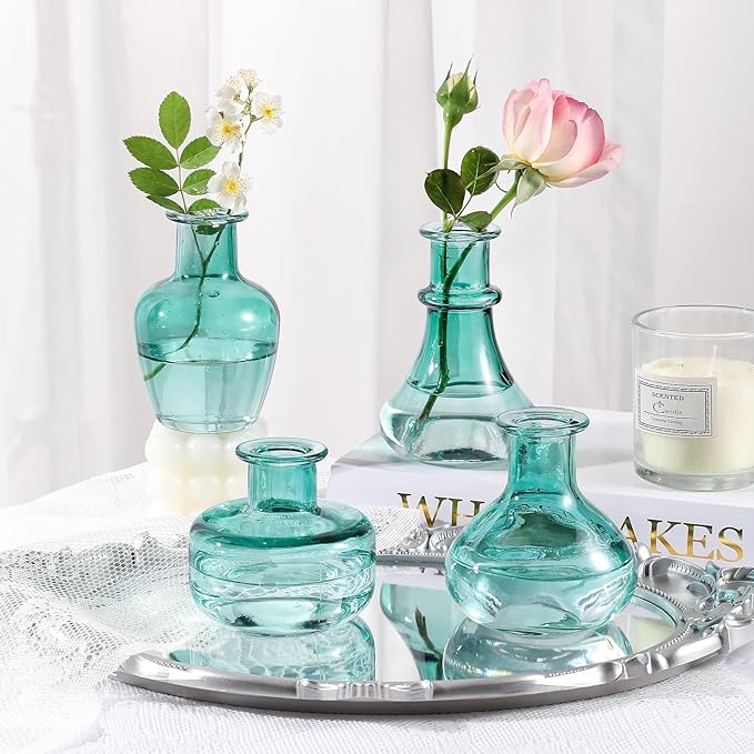 Blue Gradient Glass Bud Vase, 10Pcs/Set Modern Decorative Small Mini Flowers Vases, Minimalist Aesthetic Home Decor Vintage Wedding Table Centerpieces for Single Flower Rose