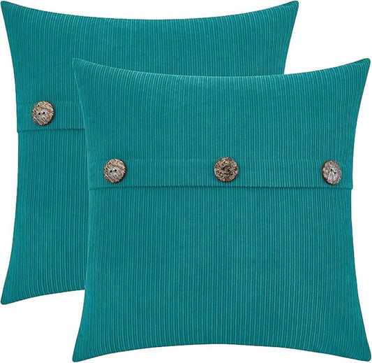 HWY 50 Teal Chenille Throw Pillow Covers 22x22 Inch with Triple Buttons, Soft Farmhouse Accent Decorative Cushion Cases for Couch Sofa Bed Living Room Pack of 2