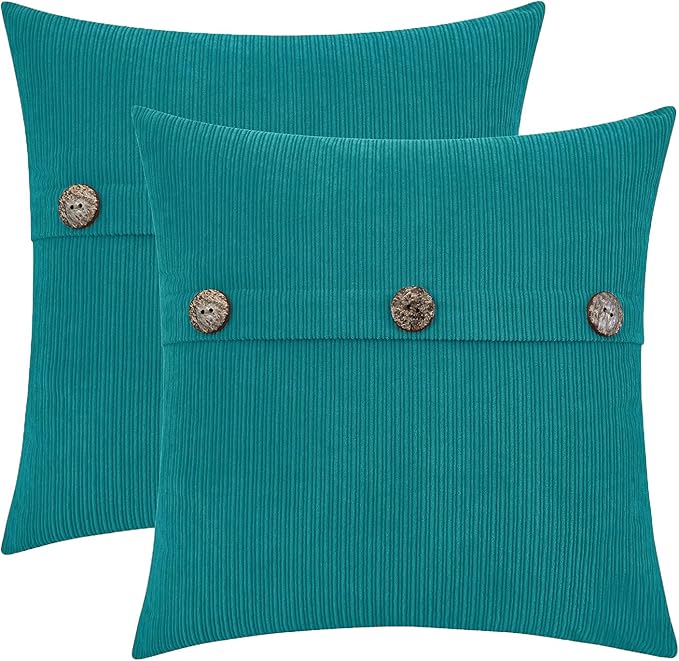 HWY 50 Teal Chenille Throw Pillow Covers 20x20 Inch with Triple Buttons, Soft Farmhouse Accent Decorative Cushion Cases for Couch Sofa Bed Living Room Pack of 2