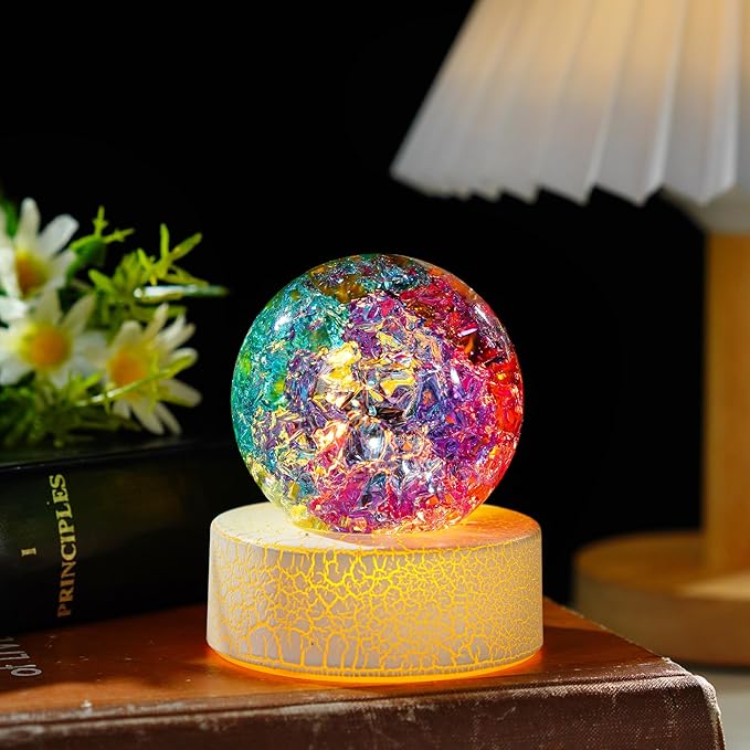 ZEERSHEE 2.3inch Colorful Ice Cracked Crystal Ball with Warm Light Base Glass Decorative Ball Paperweight Home Decor Fengshui Accessories Ornament