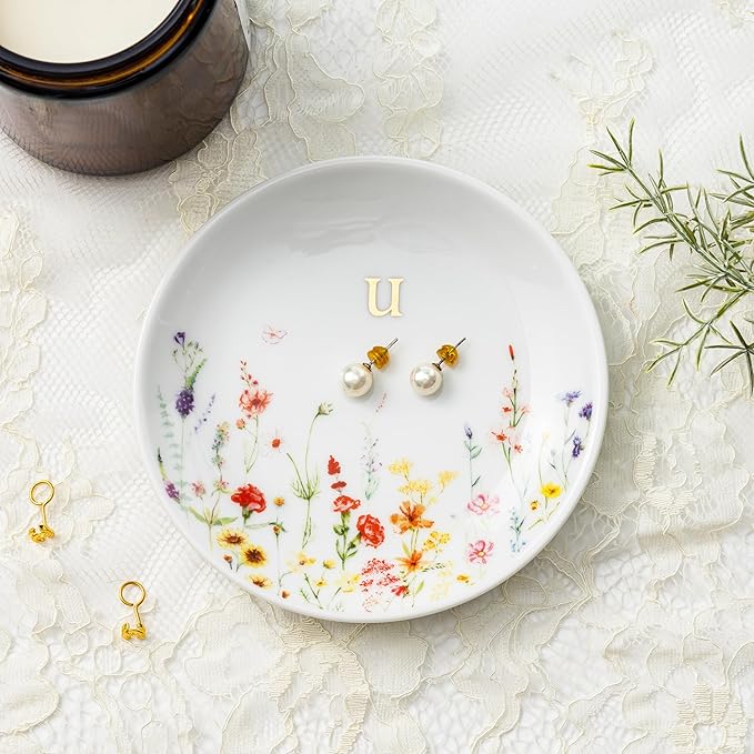 Crisky Initial Jewelry Tray Ring Dish & Gift Box, Ceramic Flower Trinket Dish for Rings Earrings Necklaces Keys, Bridal Shower Engagement Birthday Gift for Women, Friends 4.57" (Gold Foil U