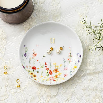 Crisky Initial Jewelry Tray Ring Dish & Gift Box, Ceramic Flower Trinket Dish for Rings Earrings Necklaces Keys, Bridal Shower Engagement Birthday Gift for Women, Friends 4.57" (Gold Foil U