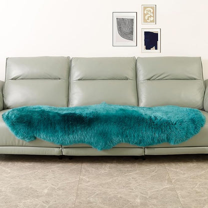 Genuine Sheepskin Rug New Zealand Fluffy Lambskin Rug, Natural Luxury Sheepskin Throw for Bedroom Living Room Children's Room - Premium Area Rug Chair Cover (2×6 Feet, Dark Teal Blue)