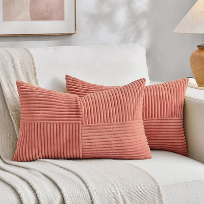 Fancy Homi 2 Packs Coral Lumbar Decorative Throw Pillow Covers 16x26 Inch for Couch Bed Sofa, Rustic Farmhouse Boho Home Decor, Soft Striped Corduroy Rectangle Accent Cushion Case 65x40 cm
