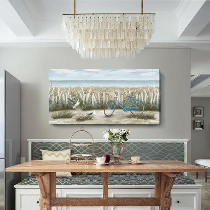 Canvas Wall Art for Living Room Boho Beach Coastal Floral Print Seaside Blue Bicycle with Pink Flowers Seagull Seascape Painting Seashore Wildflower Landscape Vintage Farmhouse Decor Artwork 48x24inch