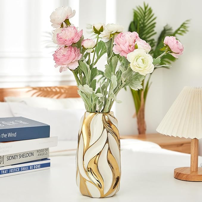 Cream White Ceramic Vase for Flowers, Gold Flower Vase Modern Home Decor, Small Ceramic Vase for Pampas Grass Decorative Vase, for Farmhouse Coffee Table Bookshelf (Large)