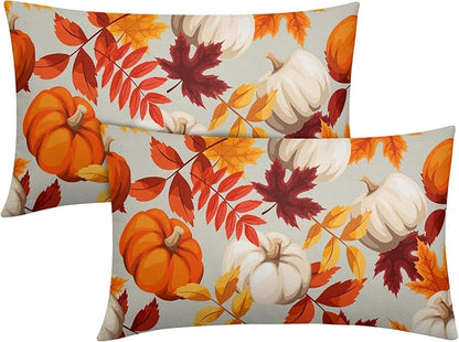 Pumpkin Fall Lumbar Pillow Covers 12x20 Set of 2 Orange Beige Autumn Thanksgiving Pillow Cases Maple Leaf Outdoor Decorative Holiday Cushion Cover Rustic Decoration Farmhouse Home Sofa Couch Bed Decor