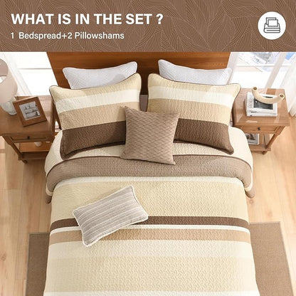 SahSahCasa 120"x120" 100% Cotton Oversized California King Bedspread Coverlet Quilt Set, Cal King Quilted Striped Bedspread Extra Large Quilt, XL Bed Spread Lightweight Comforter, Brown/Beige