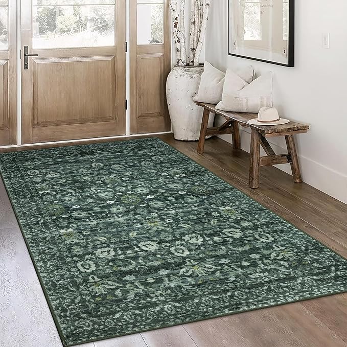 Vintage 4x6 Living Room Washable Rug, Dark Green Non-Slip Soft Bedroom Area Rug Thin Printed Faux Wool Floor Super Soft Carpet Throw Rugs for Nursery Playroom Dining Room Indoor Office