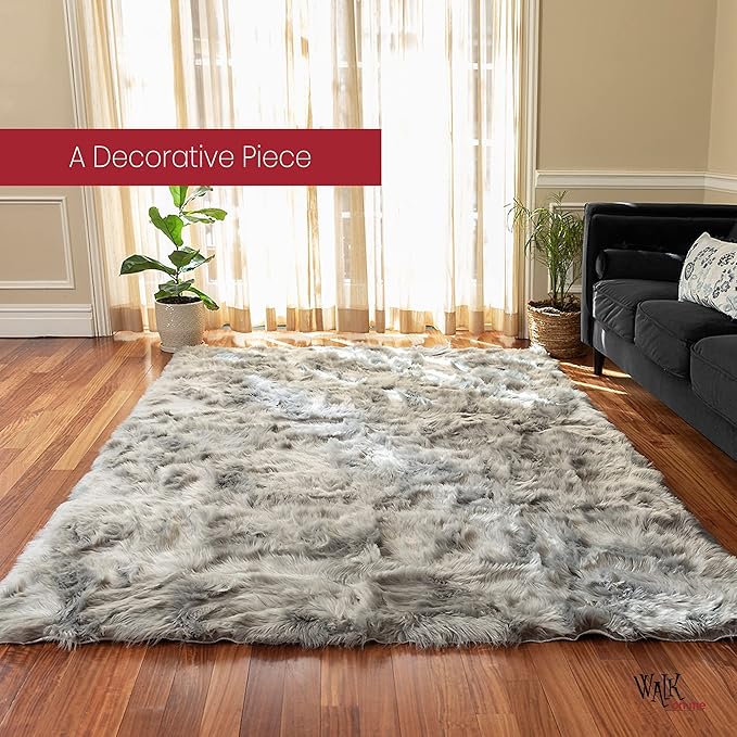 Silky Soft Faux Fur Shaggy Rug, 8 ft. x 10 ft. Gray Fluffy Sheepskin AreaRug, Rectangle Rug for Living Room, Bedroom, Kid's Room, or Nursery, Home Décor Accent, Machine Washable with Non-Slip Backing