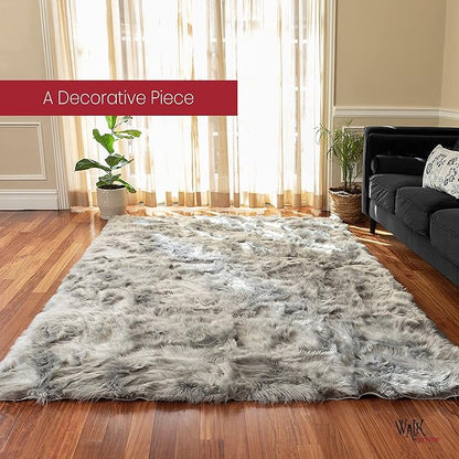 Silky Soft Faux Fur Shaggy Rug, 8 ft. x 10 ft. Gray Fluffy Sheepskin AreaRug, Rectangle Rug for Living Room, Bedroom, Kid's Room, or Nursery, Home Décor Accent, Machine Washable with Non-Slip Backing