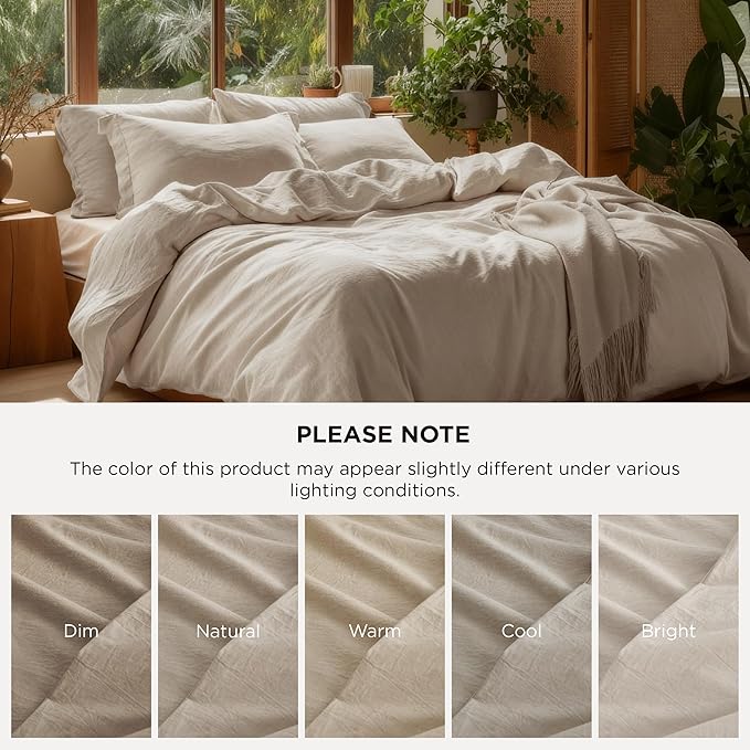 Bedsure 100% Washed Cotton Duvet Cover Queen Size - Oatmeal Minimalist Cotton Duvet Cover Linen Like for All Seasons - GentleSoft™ Plain Simple Bedding (Oatmeal, Queen, 90"x90")