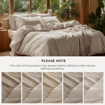 Bedsure 100% Washed Cotton Duvet Cover Queen Size - Oatmeal Minimalist Cotton Duvet Cover Linen Like for All Seasons - GentleSoft™ Plain Simple Bedding (Oatmeal, Queen, 90"x90")