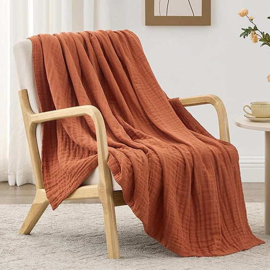 Love's cabin 6 Layer 100% Cotton Muslin Blanket, 60"x80" Twin Muslin Blanket for Couch Bed, Lightweight and Breathable Cotton Gauze for Adult, Orange
