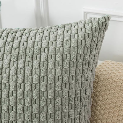 Kevin Textile Throw Pillow Covers Soft Corduroy Decorative Set of 2 Boho Striped Pillow Covers Pillowcases Farmhouse Home Decor for Couch Bed Sofa Living Room 18x18 Inch Greyish Green
