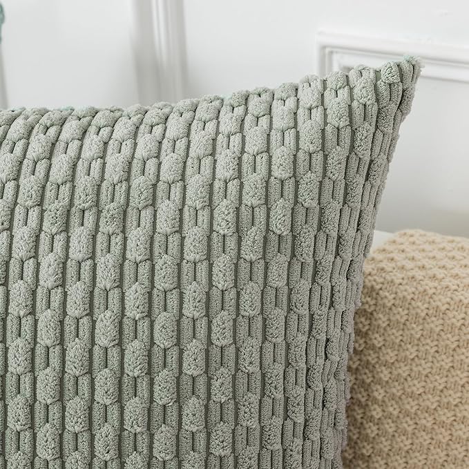 Kevin Textile 12x24 Inch Pillow Cover 1 Pack Boho Decorative Soft Striped Corduroy Lumbar Farmhouse Color Accent Rectangle Cushion Case for Living Room Couch Sofa Bed, Greyish Green