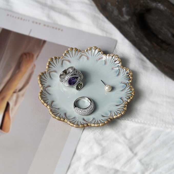 Ceramic Jewelry Dish, Decorative Tray for Rings Earrings Necklaces Bracelet Watch Keys, 4.50" Trinket Tray as Gifts for Women (Reactive Shell)