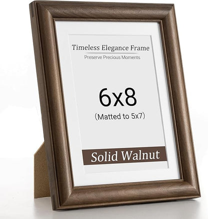 Heimlove 6x8 Picture Frame,6 x 8 Natural Solid Walnut Wood Frame with Tempered Glass,6"x8" Handcrafted Wood Frame Matted to 5x7 Photos for Wall or Tabletop Family picture Display,1 Pack