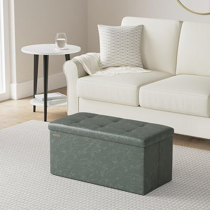 SONGMICS Mazie Collection - 30 Inches Folding Storage Ottoman Bench, Ottoman with Storage, Foot Rest Stool, Load 660 lb, for Living Room, Synthetic Leather, Forest Green ULSF040C01