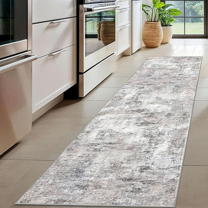 Modern Abstract Hallway Runner Rug, Beige Grey 2x8 Runner Rug, Washable Kitchen Runner Non-Slip Soft Thin Print Faux Wool Carpet for Entryway Bedroom Laundry Room Indoor
