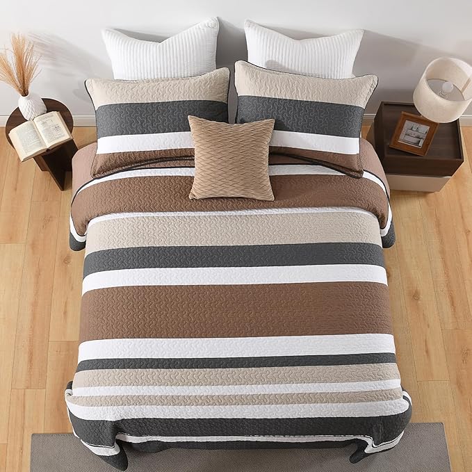 SahSahCasa 120"x120" 100% Cotton Oversized California King Bedspread Striped Quilt Set, Cal King Quilted Bedspread Extra Large Coverlet, XL Bed Spread Lightweight Comforter, Charcoal/Brown/Beige