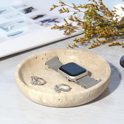 Small Natural Marble Jewelry Tray Key Plate Holder Dish Trinket Decor Catch All Bowl for Ring Earring Stone Gift for Women Daugther,Beige Travertine