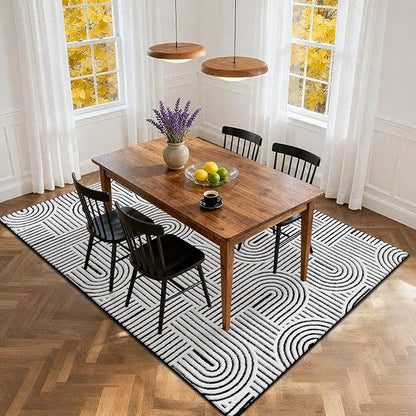 SHACOS Soft Cozy Fluffy Arch Pattern High Low Pile Rugs 3'x5' Non Slip Washable Scandinavian Minimalist Rug Modern Geometric Arc Carpet for Living Room Bedroom Dining Room, Black White