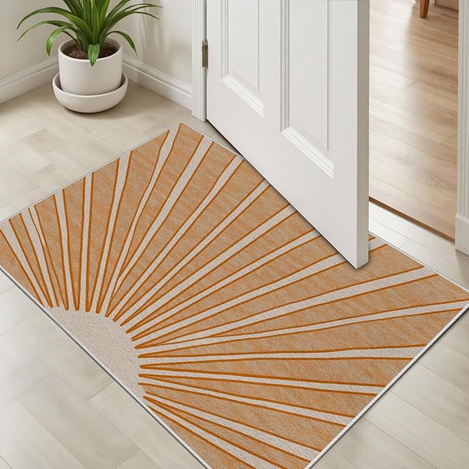 Boho Sun Print Area Rug for Living Room 6x9, Modern Abstract Non-Slip Washable Rugs, Soft Stripe Minimalism Carpet for Bedroom, Nursery, Entryway, Dining Room & Office Decor, Orange White