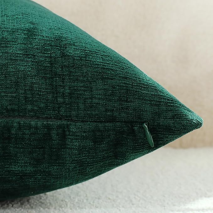 Hunter Green Chenille Decorative Couch Throw Pillow Covers, Soft Cushion Cases for Home Livingroom Sofa Décor, Pack of 2, 20 x 20 Inches