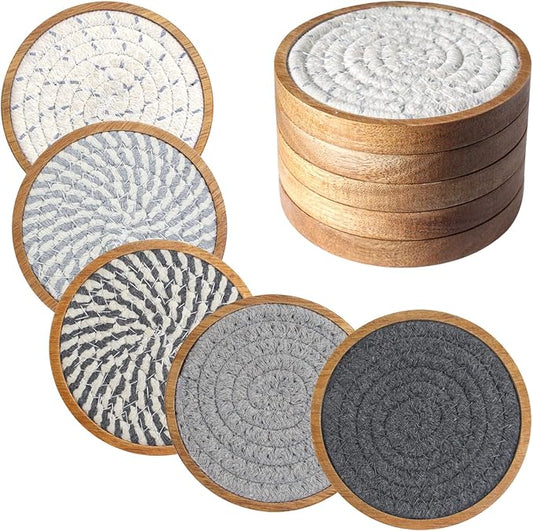 5 Pack Coasters for Drinks Absorbent, 4.3 inches Cork Coasters for Coffee Tables, Wooden Drink Coasters for Table Protection, Cute Coasters for Kitchen, Farmhouse, Bar, and Office (Gray Series)