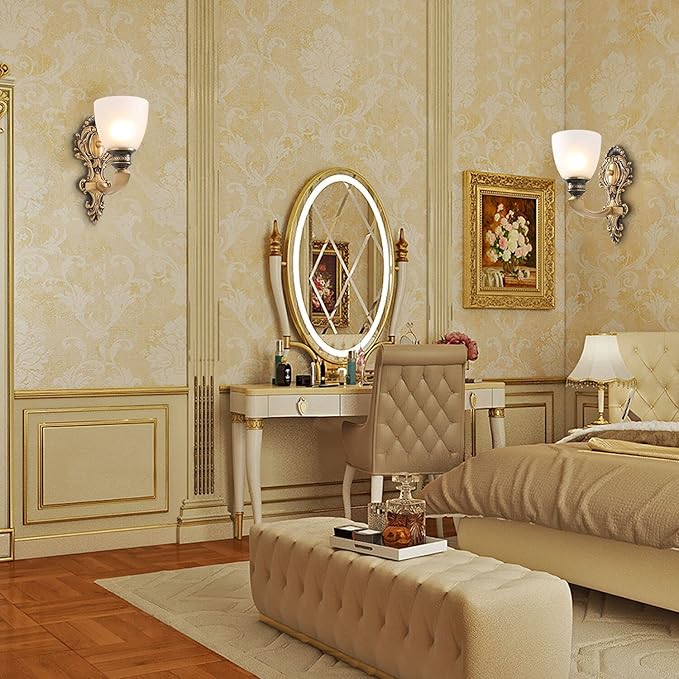 NOXARTE 2 Pack Vintage Wall Sconce Brass Wall Mounted Light Ceiling Fixture with Milk White Glass Shades for Living Room Bedroom Hallway