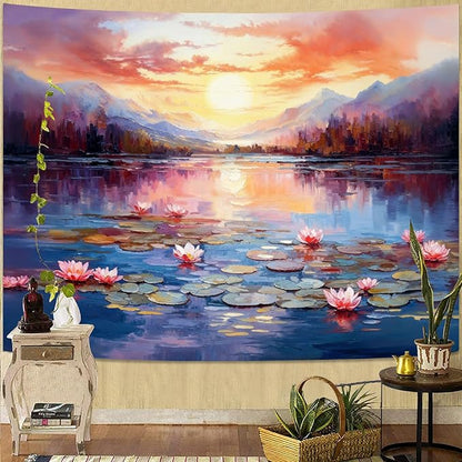 kampdream Landscape Tapestry, Scenery Art Wall Tapestries, Nature Wall Decor for Bedroom Living Room Backdrop Sunset Pond Lotus 60×80 inches