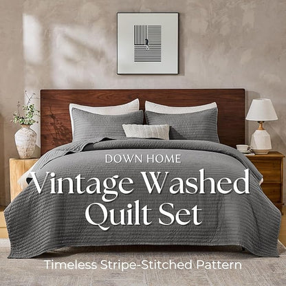 DOWN HOME Twin Quilt Bedding Set with Sham, Vintage Washed Soft Quilted Blanket Thin Comforter Lightweight Bedspread Coverlet Bed Cover, Brushed Microfiber Stripe Stitching, Ash Gray, 66"x92"