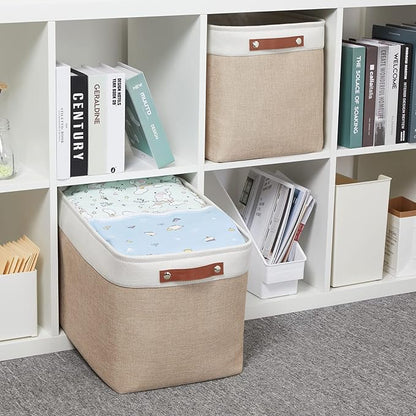HNZIGE Fabric Storage Baskets for Organizing [2 Pack] Large Canvas Rectangular Storage Bins for shelves 16" X 11.8" X 11.8" Clothes Baskets Collapsible Bins for Closet Linen Organizers (Beige&White)