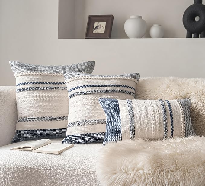 Boho Throw Pillow Covers 18x18 Inch Set of 2, Navy Blue Textured Decorative Couch Pillow Cases for Farmhouse Home Decor, Accent Cushion Cover for Sofa, Bed, Living Room, Bedroom