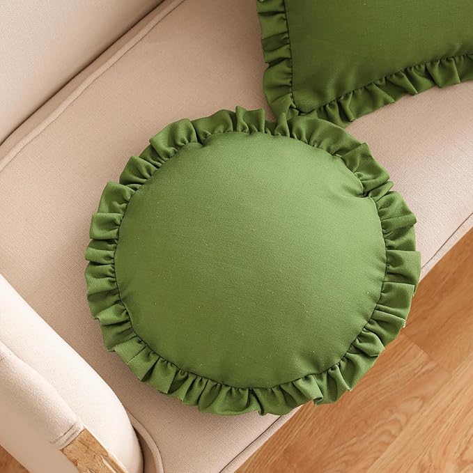 ISAENNE Classic Green Round Throw Pillow Cover Diameter 16", Solid Color Cottage Linen Cotton Decoration Pillow Cover with Ruffles, Sturdy Throw Pillow Case for Couch Sofa Bed Living Room