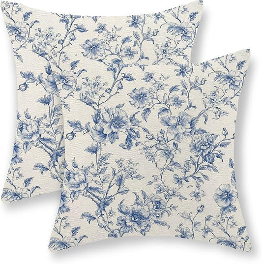 Blue Pillow Covers 18x18 Set of 2 Blue and Cream Floral Chinoiserie Throw Pillows Vintage Rustic Toile Flower Decorative Pillow Cases Outdoor Chinoiserie Decor Cushion Case for Couch Bed Sofa