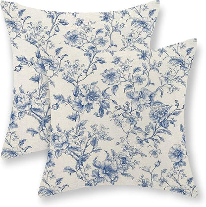Blue Pillow Covers 20x20 Set of 2 Blue and Cream Floral Chinoiserie Throw Pillows Vintage Rustic Toile Flower Decorative Pillow Cases Outdoor Chinoiserie Decor Cushion Case for Couch Bed Sofa