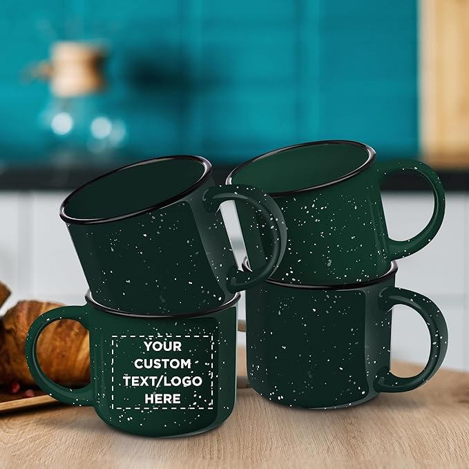 DISCOUNT PROMOS Custom Ceramic Campfire Coffee Mugs 13 oz. Set of 50, Personalized Bulk Pack - Perfect for Tea, Espresso, Cappuccino, Hot Cocoa - Green