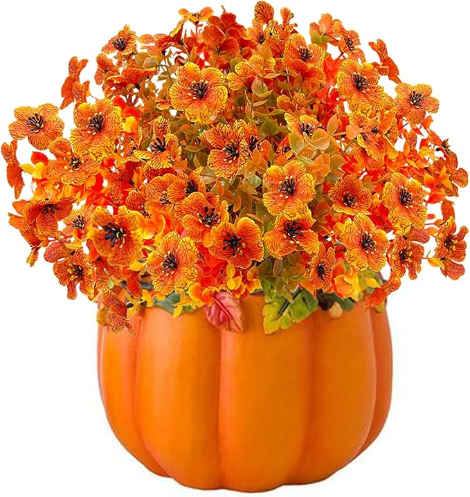 Artificial Fall Flowers for Outdoors,Faux Silk Flowers Fall Decorations,Fake Mums Eucalyptus Plants Christmas Halloween Decor for Outdoor Patio,Window Planter Autumn Fall Decor(10PCS,Orange)