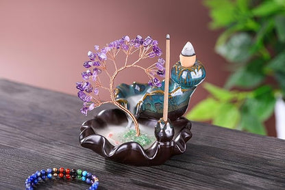 Jovivi Backflow Incense Burner Ceramic Incense Waterfall, Natural Amethyst Healing Crystal Money Tree Incense Holder for Wealth, Good Luck, Yoga Meditation, Home Decor
