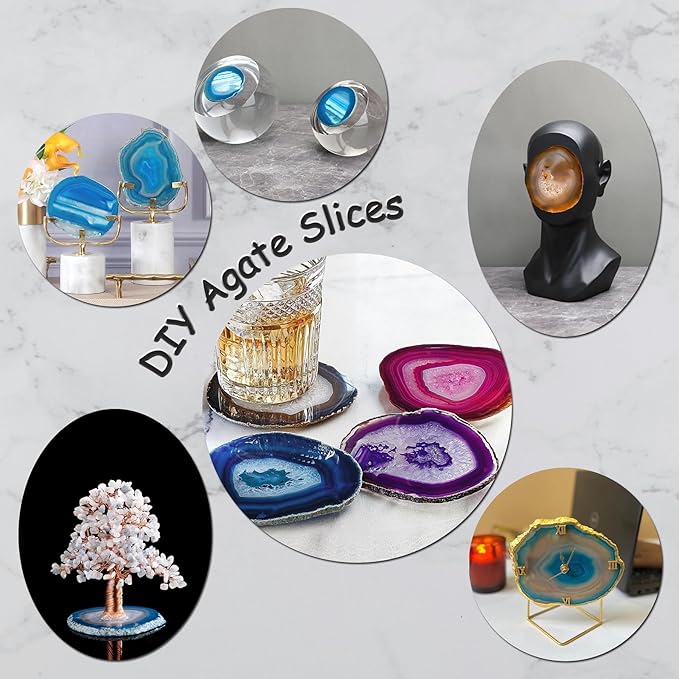 AMOYSTONE Blue Agate Coasters Set of 4, 3-3.5 Inch Stone Coasters with Rubber Bumpers, Valentine's Day Gift for Her, Modern Coffee Table Decor, Birthday Present
