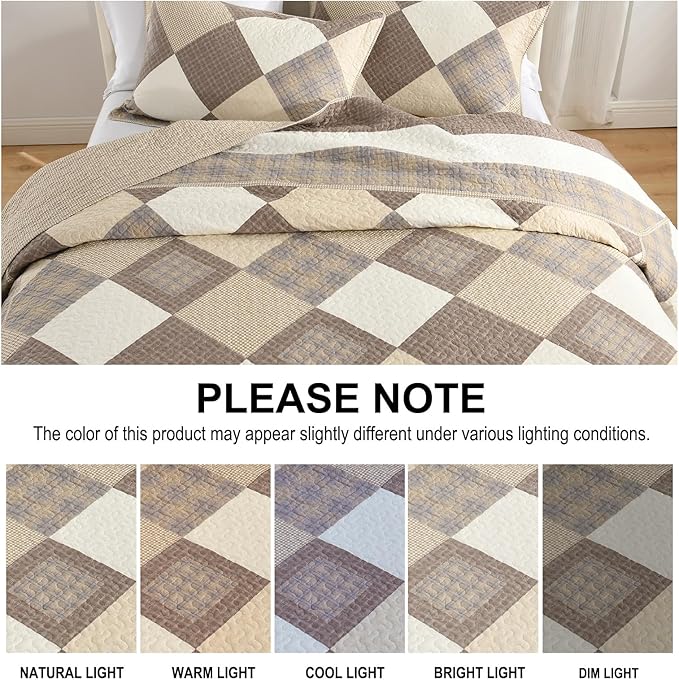 Oversized King Bedspread Quilt 120" x 120", 100% Cotton Lightweight Quilted Bed Spreads Coverlet Set Farmhouse Bedding Cover, 3 Piece, Brown/Beige/Khaki