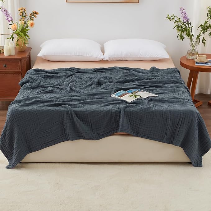 Love's cabin 6 Layer 100% Cotton Muslin Blanket, 90"x90" Muslin Blanket Queen for Couch Bed, Lightweight and Breathable Cotton Gauze for Adult, Dark Grey