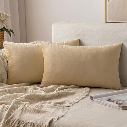 MIULEE Velvet Throw Pillow Covers 12x20 Inch, Pack of 2 - Beige, Soft Solid Lumbar Decorative Pillow Covers Modern Luxury Home Decor for Spring Couch Sofa Bedroom Livingroom